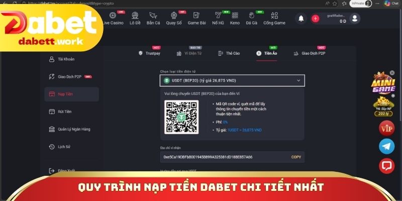 Quy trình nạp tiền DABET chi tiết nhất